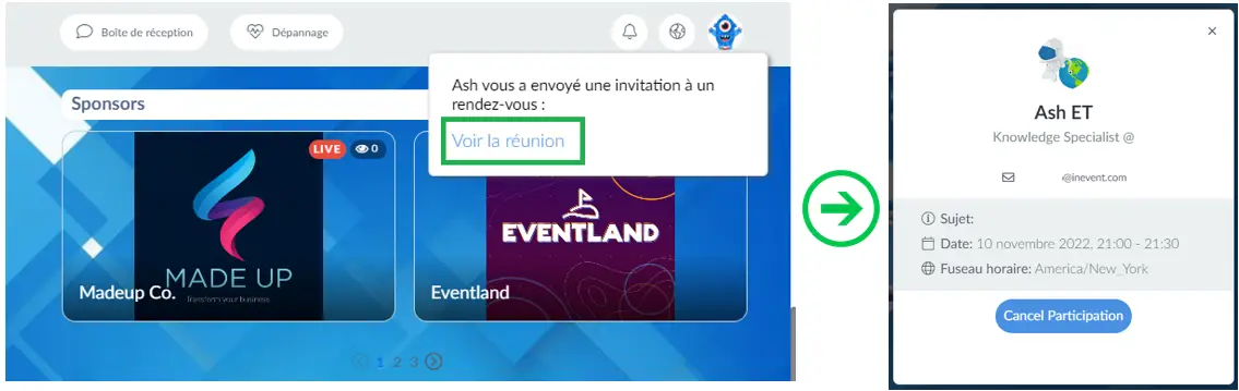 Une capture d'écran montrant comment voir la réunion et comment annuler la participation 