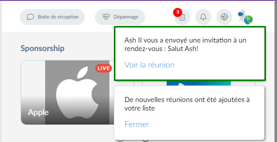 Notification qui apparait dans le Virtual Lobby lorsque l'invité reçoit une invitation de réunion 