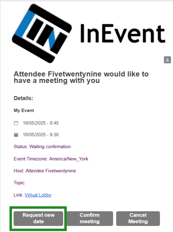 Image showing request new date for meeting button in the email.