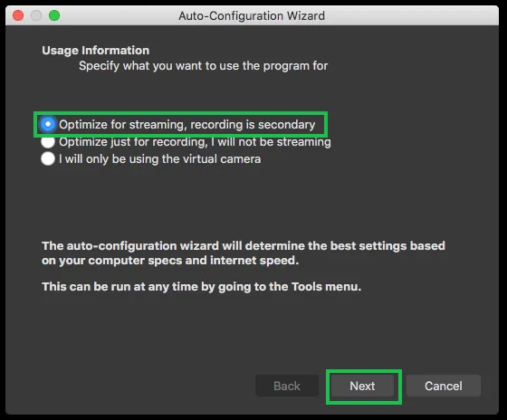 Screenshot showing the OBS Auto-Configuration Wizard (1)
