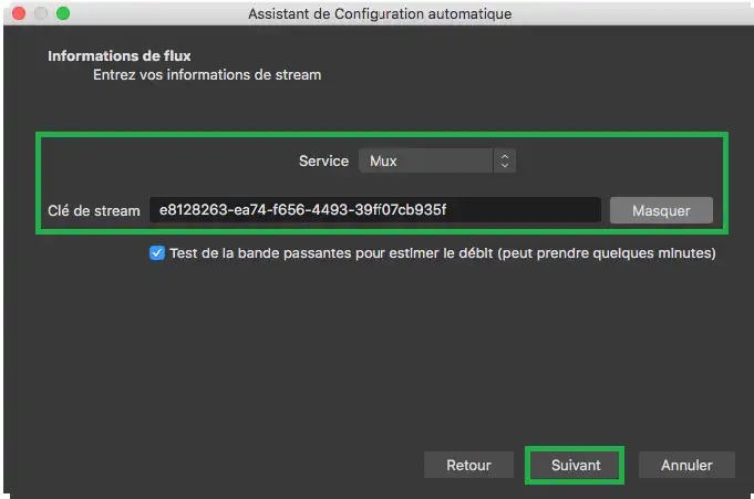 informations de flux: Mux comme service de streaming dans le menu déroulant 