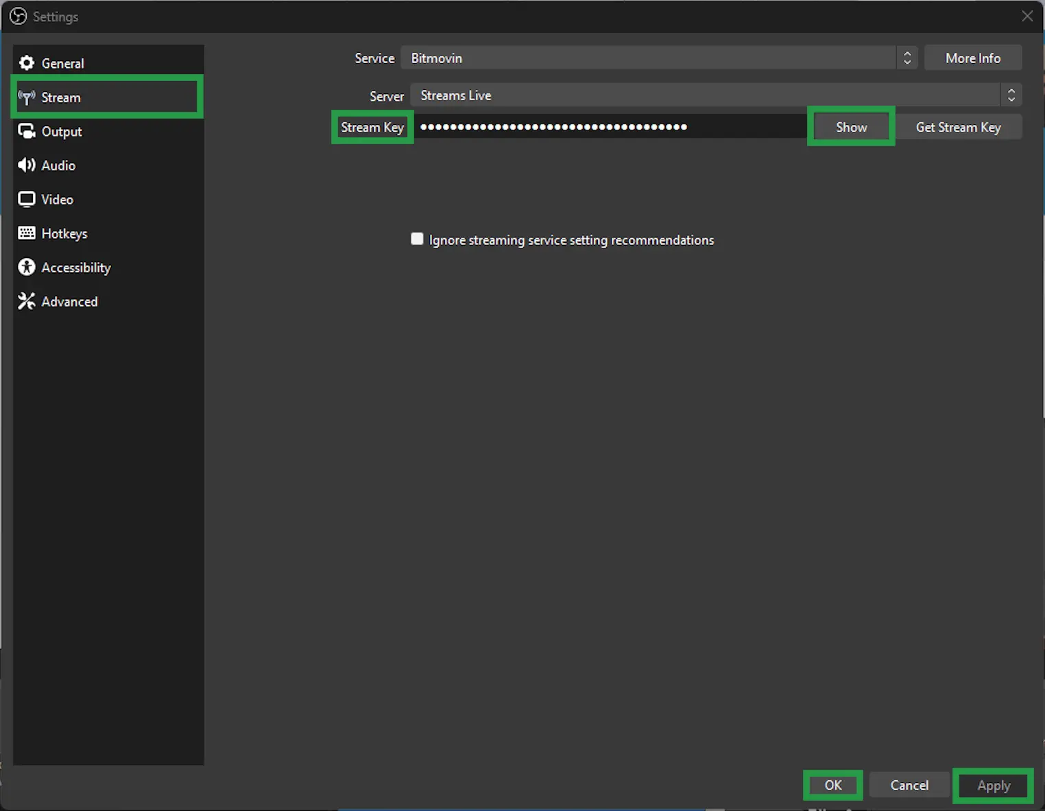 Image showing the Stream key field in the OBS