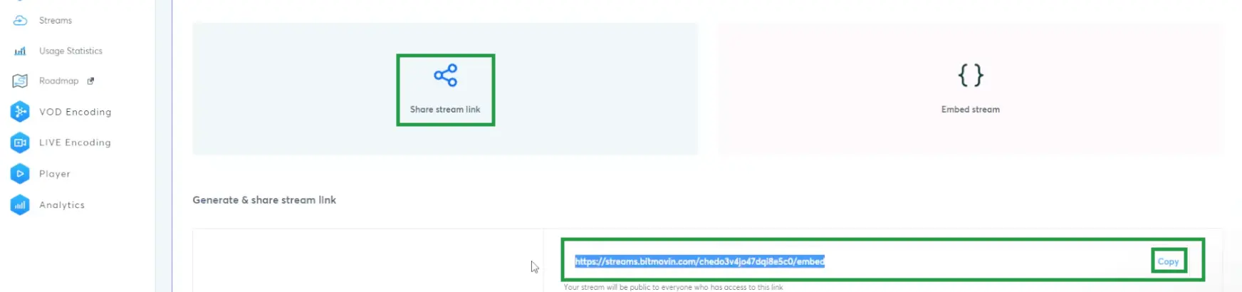 Image showing the stream link on bitmovin