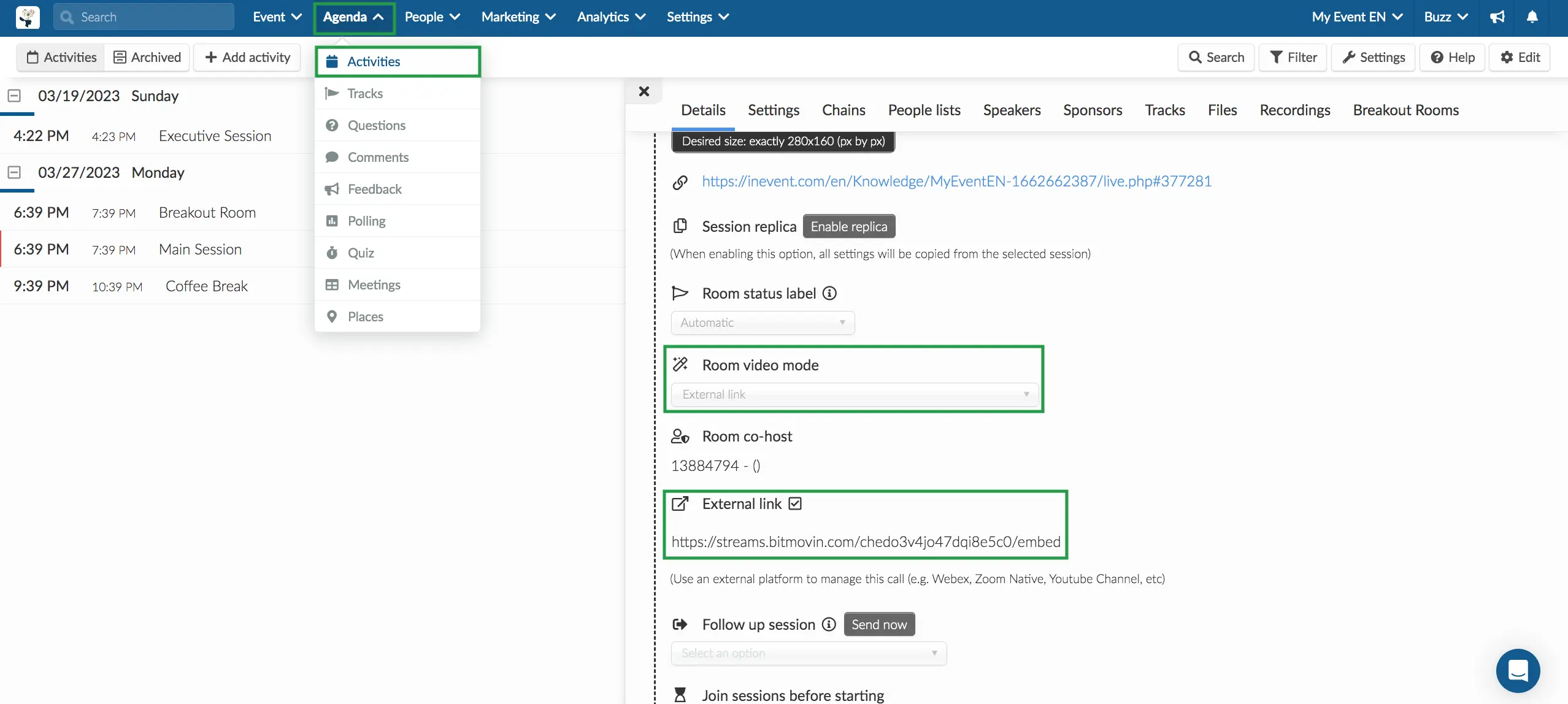 Image showing the Webinar and the Event navigation steps to external link