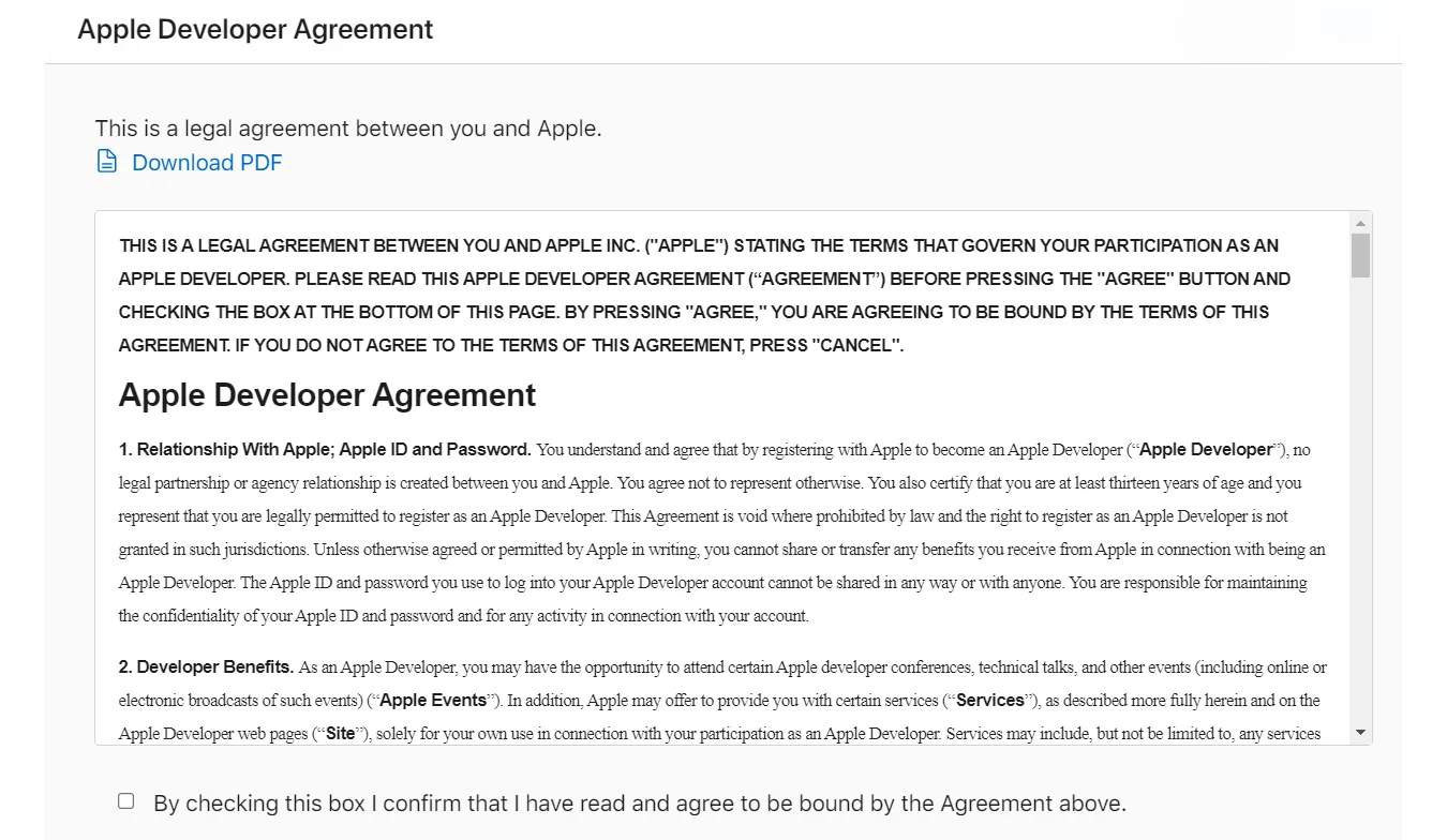 Lesen Sie danach das Apple Developer Agreement und stimmen Sie zu. 
