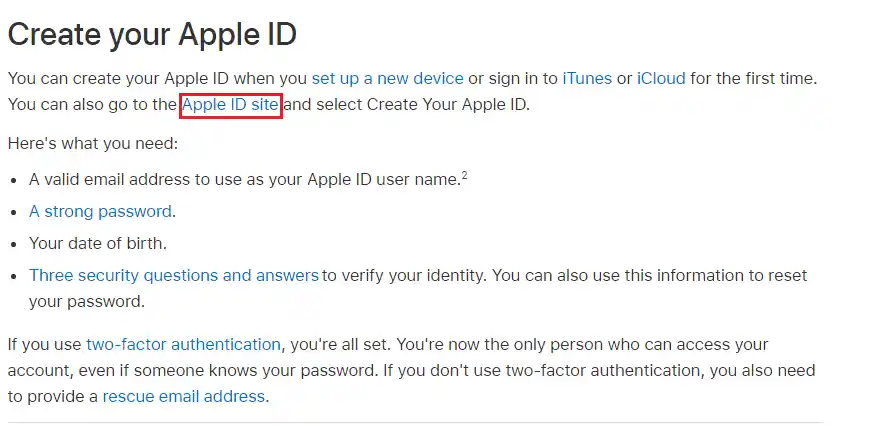 Créer un identifiant Apple