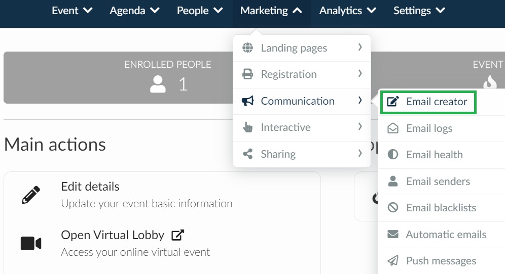 Screenshot of how to access email creator: Marketing > communication > email creator