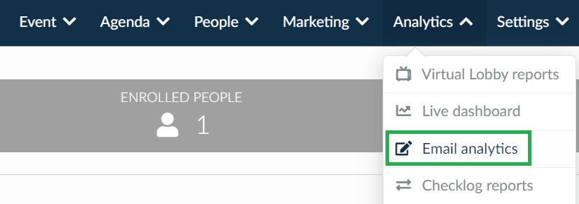 Screenshot of how to access Email analytics. Analytics > Email analytics
