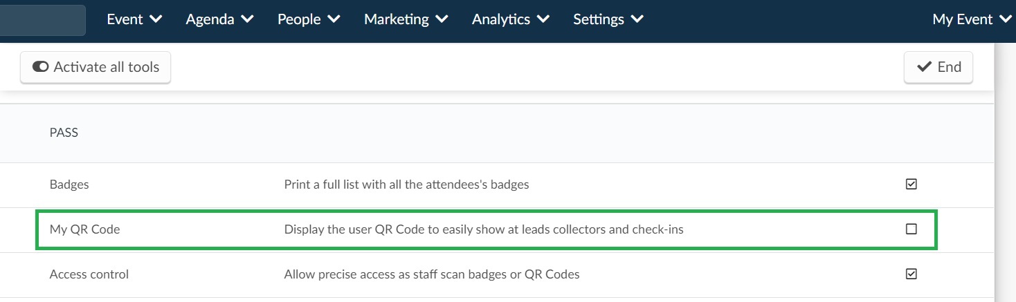 Screenshot of how to disable My Qr Code. Settings > Tools > My Qr Code