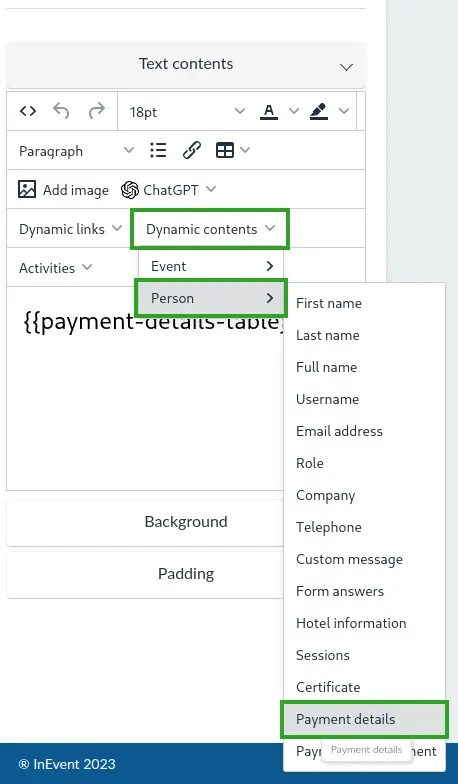Screenshot showing how to add the payment details table dynamic content