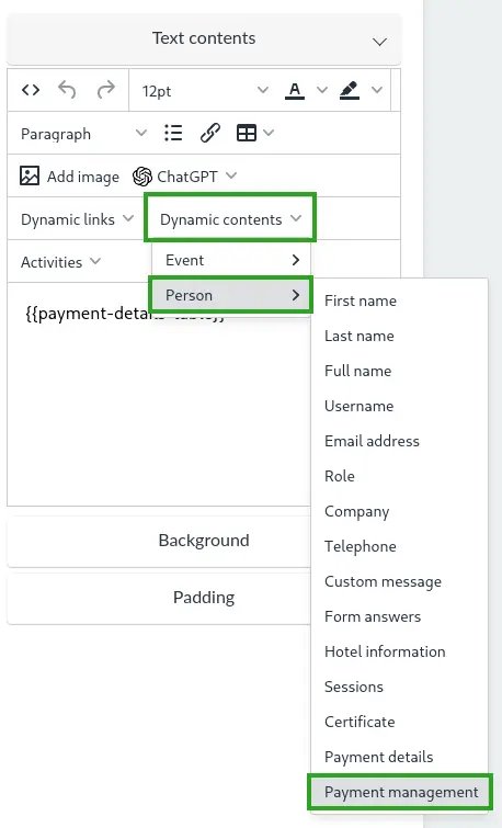 Screenshot showing how to add the payment management dynamic content
