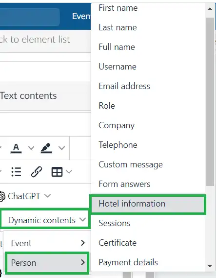 Screenshot showing the hotel information option in the email builder.