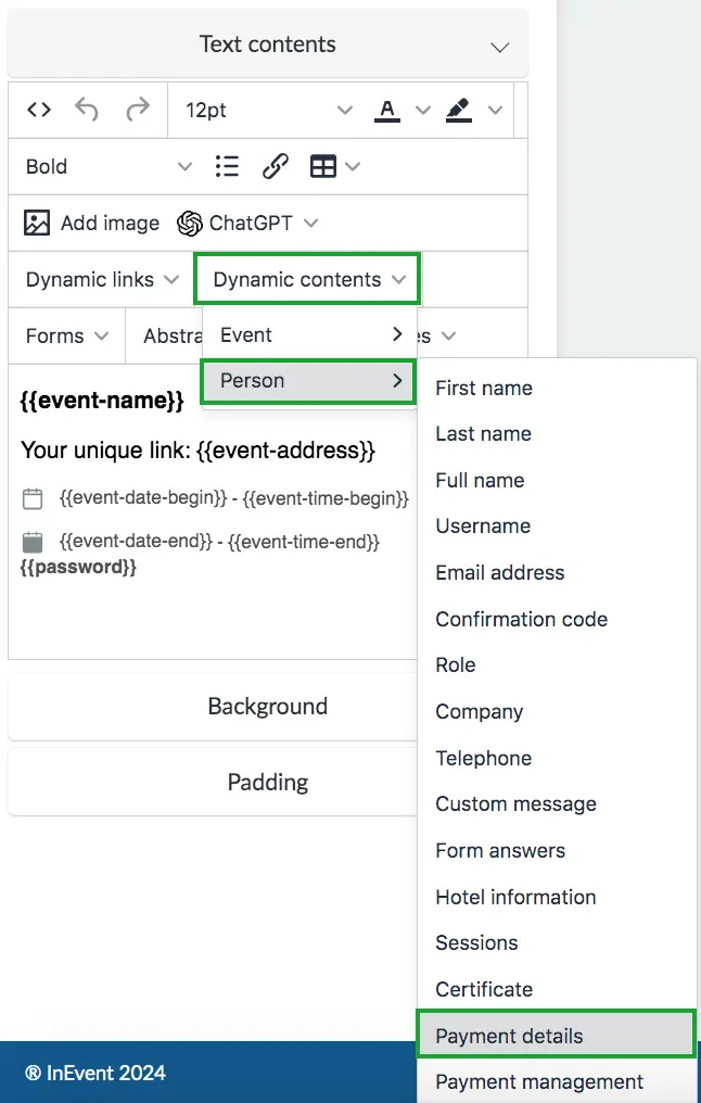 Screenshot showing how to add the payment details table dynamic content