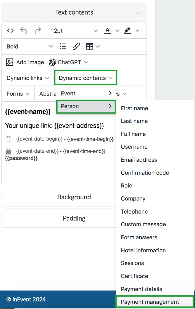 Screenshot showing how to add the payment management dynamic content