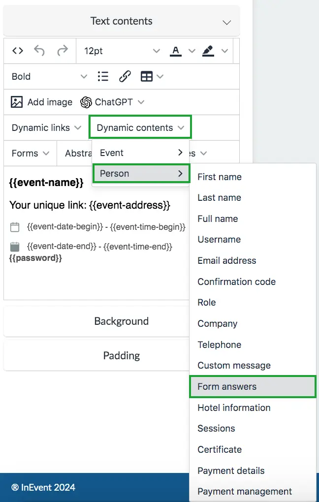 Screenshot showing how to add the form answers dynamic content.
