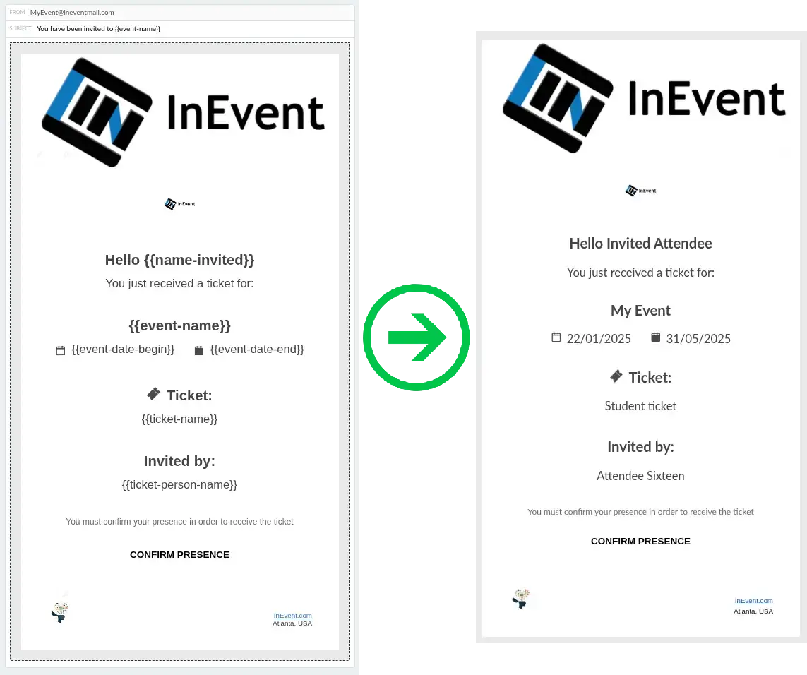 Screenshot showing the default Ticket invite email preview.