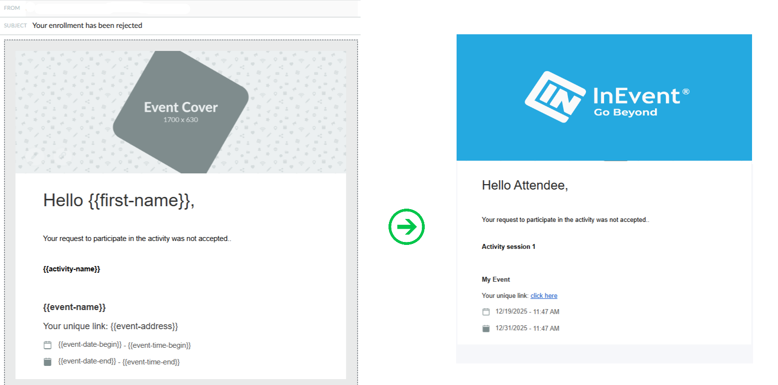 Image showing activity rejected automatic email - default version and sent version.