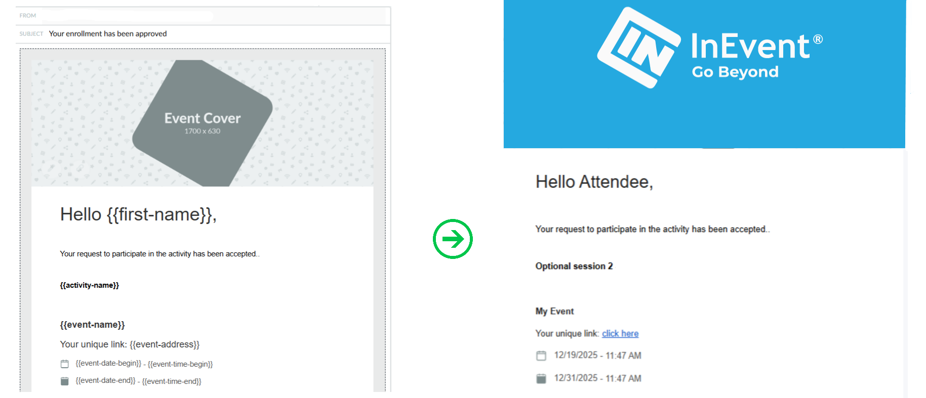 Image showing the activity approval email sent to user - default version and sent version.