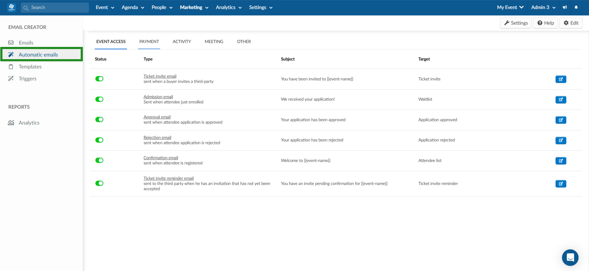Image showing the Automatic email interface at the email creator.