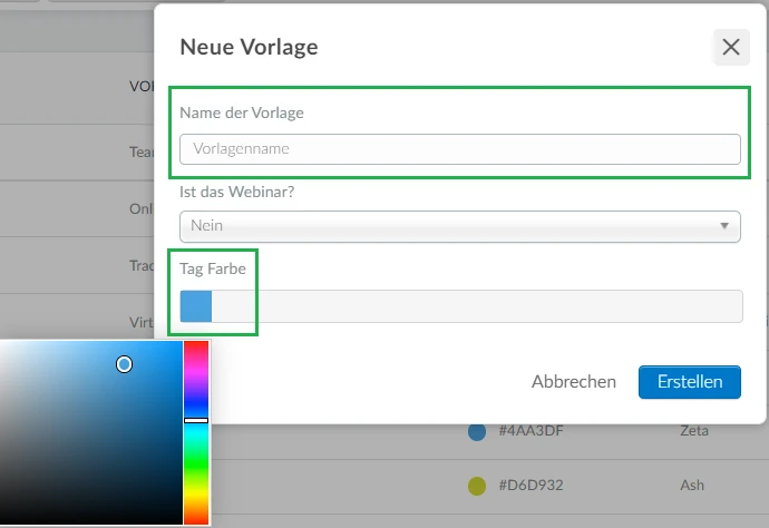 Screenshot der neuen Vorlage auf Unternehmensebene>neu