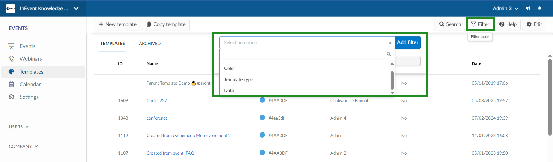 Image showing the template page filter button and filter drop-down menu.