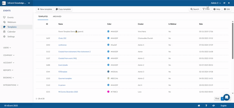 Gif showing how to select template type filter and then either choose webinar or events template type.