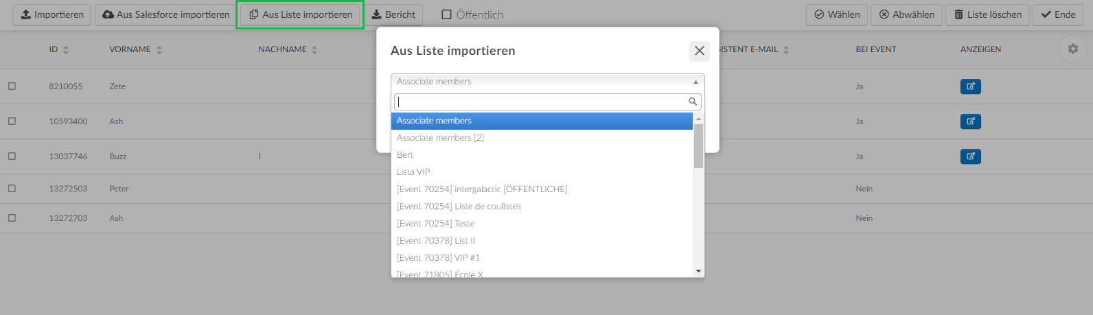 Screenshot of the steps to import a list