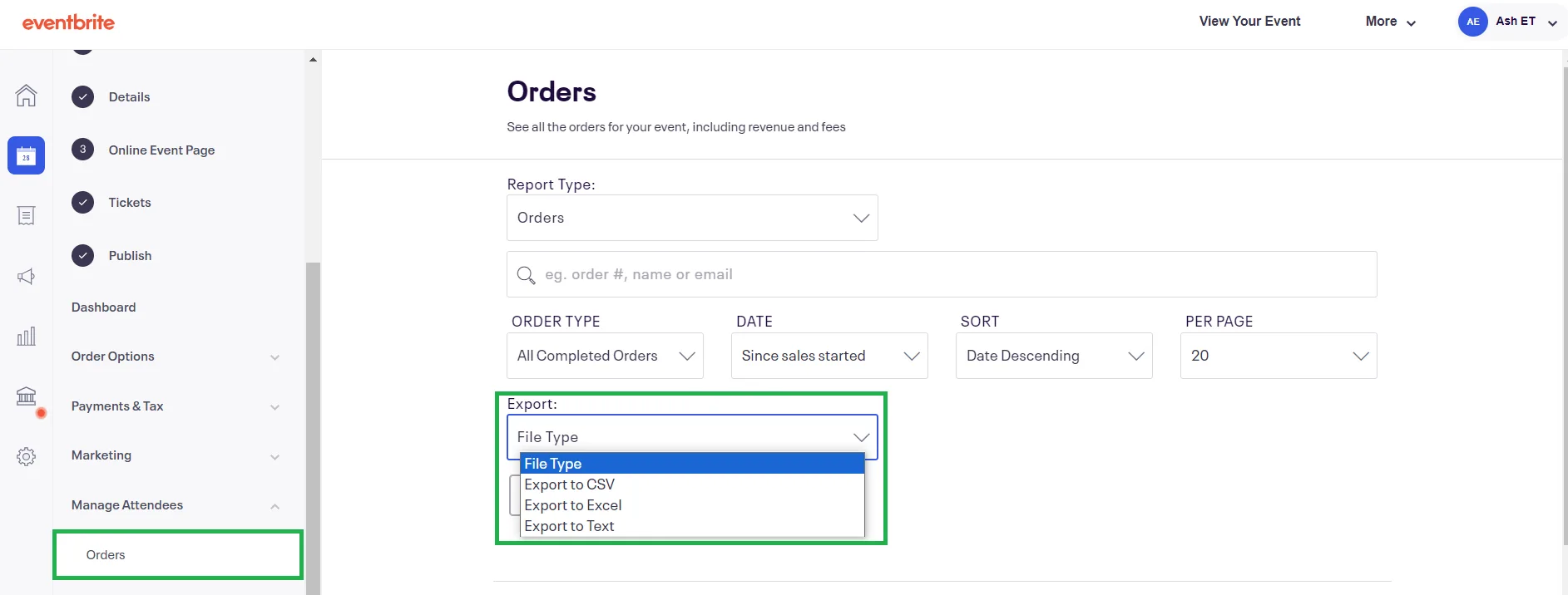 Screenshot showing the Eventbrite Order data export file types.