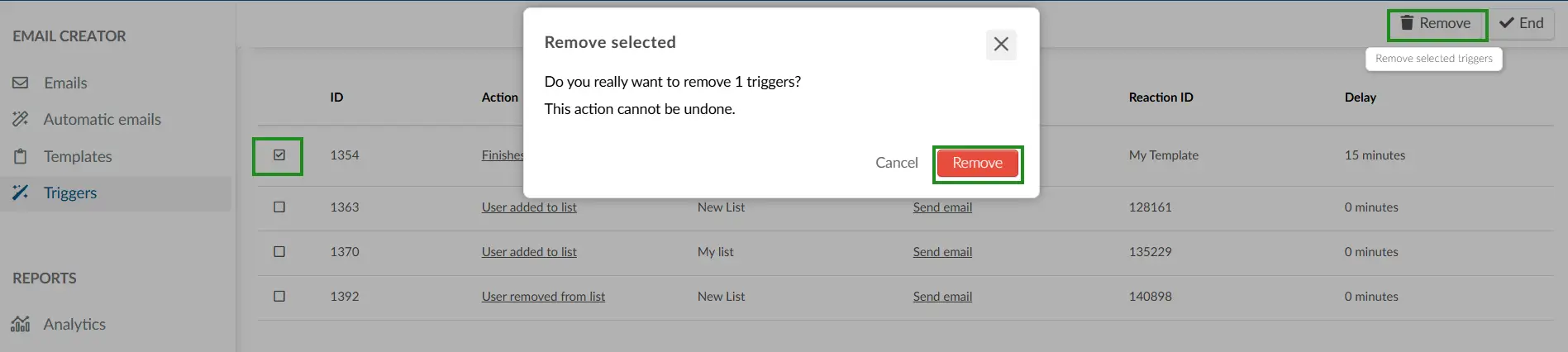 Screenshot showing how to remove email triggers.