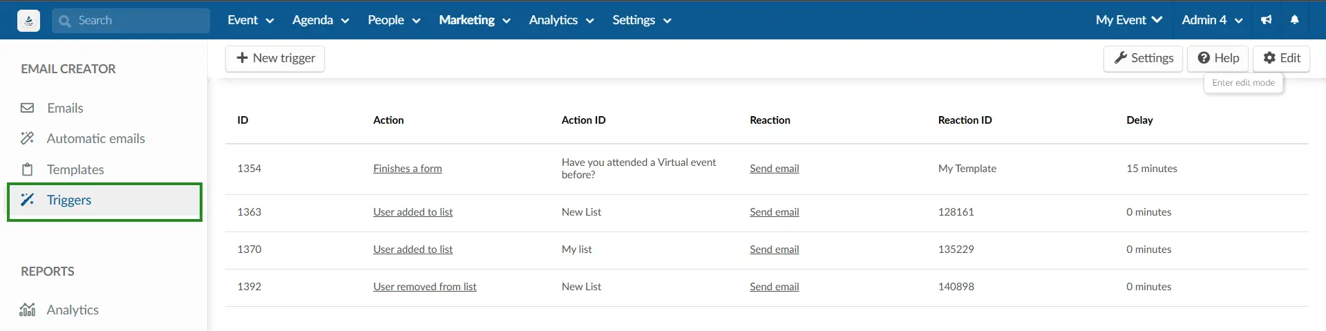 Screenshot showing the Triggers section in the email creator.