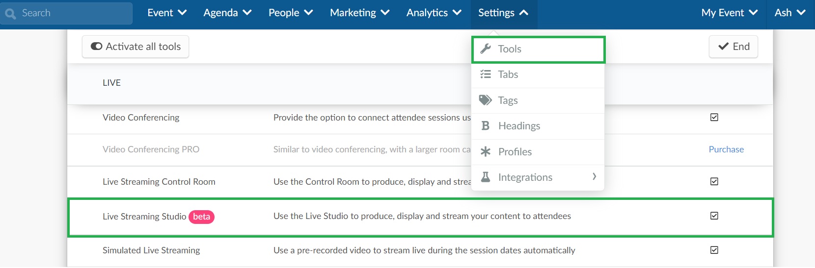 Enabling the Live Studio on the event level