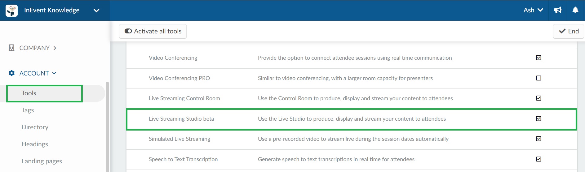 Enabling the Live Studio in the company tools