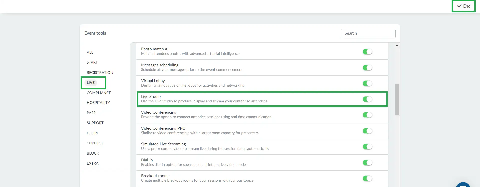 Enabling the Live Studio on the event level