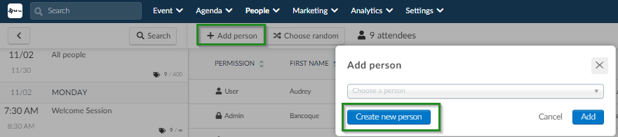 Screenshot of steps to enroll participants via platform People > Attendees> create new person