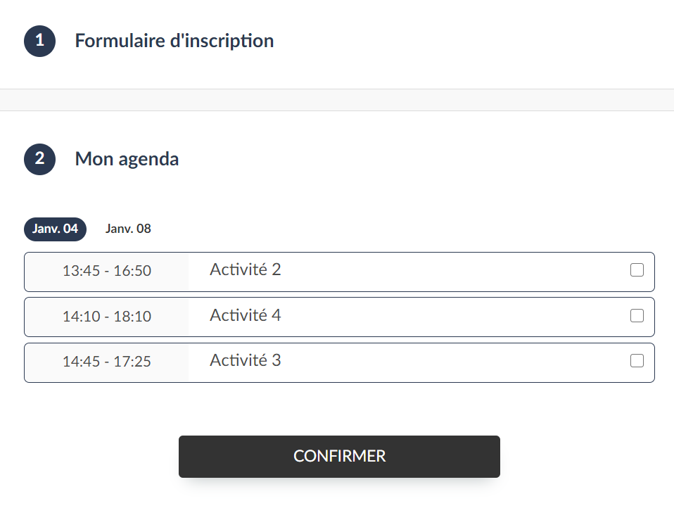 formulaire d'inscription avec les activitiés