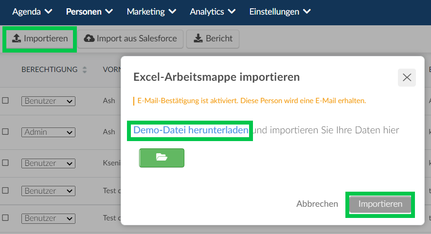 Screenshot of steps to how to enroll an attendee People>attendee Edit > Import > Download demo file