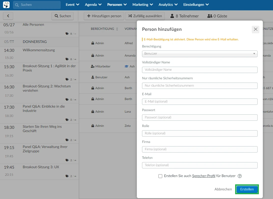 Screenshot of steps to enroll participants via platform People > Attendees> add>create
