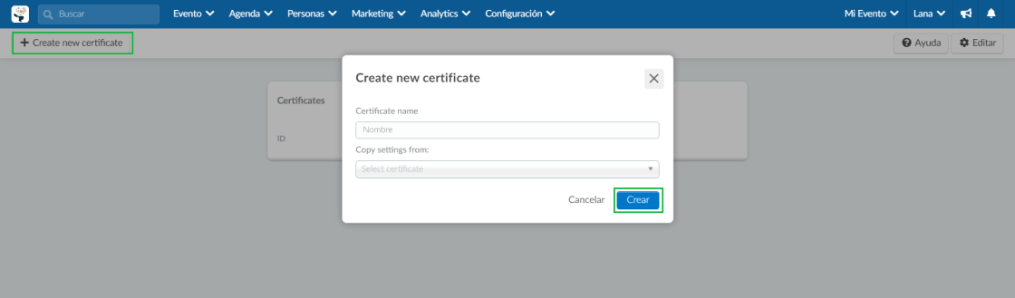  Crear nuevo certificado (Create new certificate)