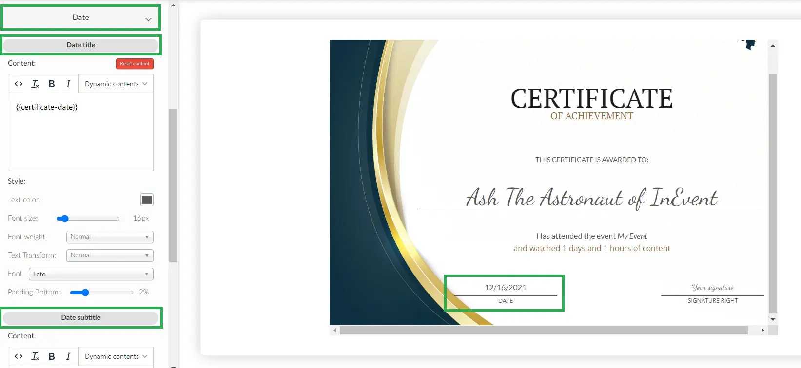 Customizing the certificate date