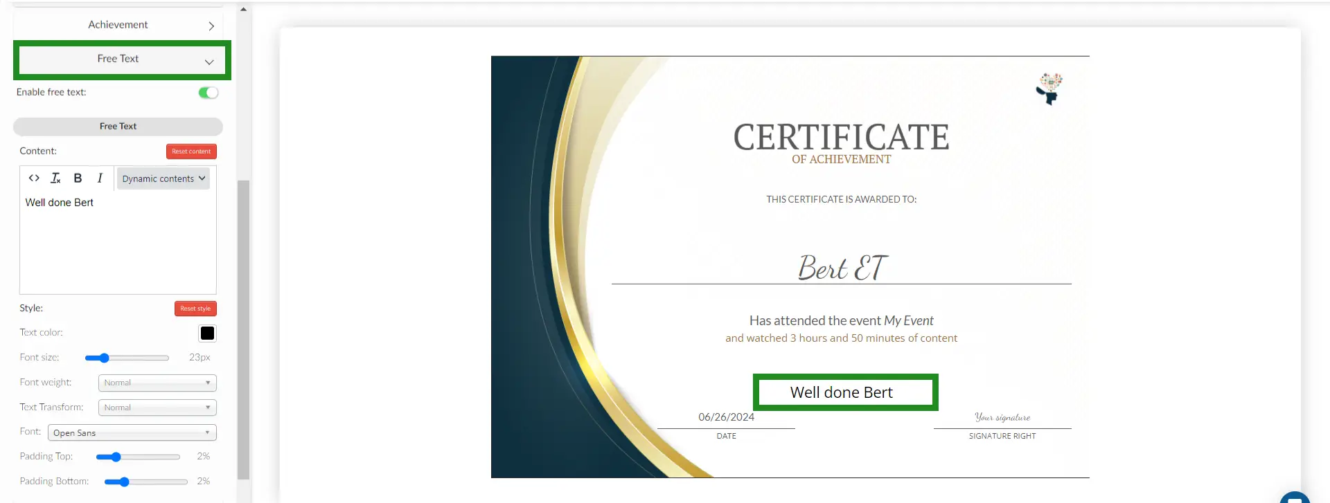 Image showing Free Text tab/section on certificate creator. 