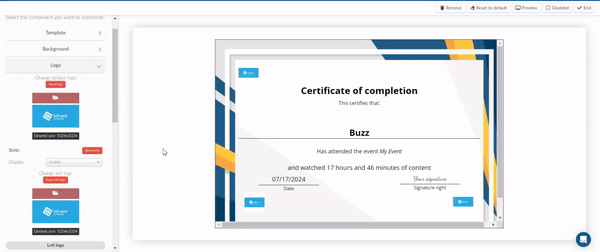 Gid showing how to remove Logo from certificate by selecting Disable from the dropdown menu. 