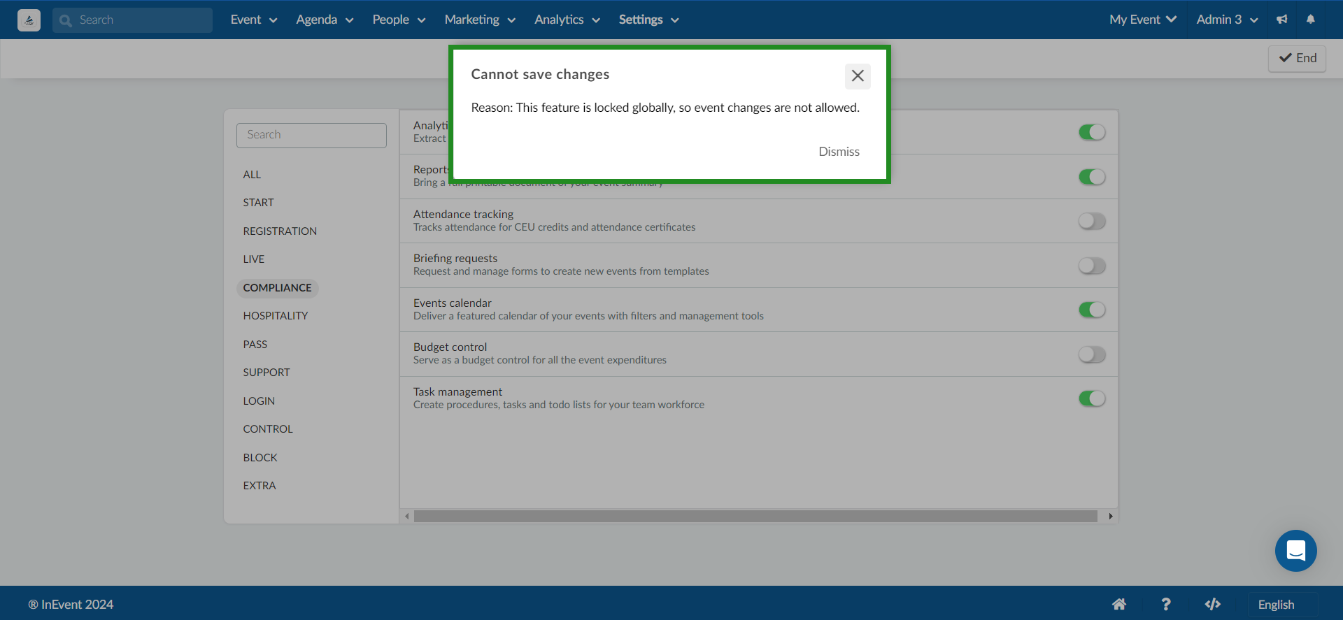 Image showing error that Attendance tracking is disabled at the company level. 