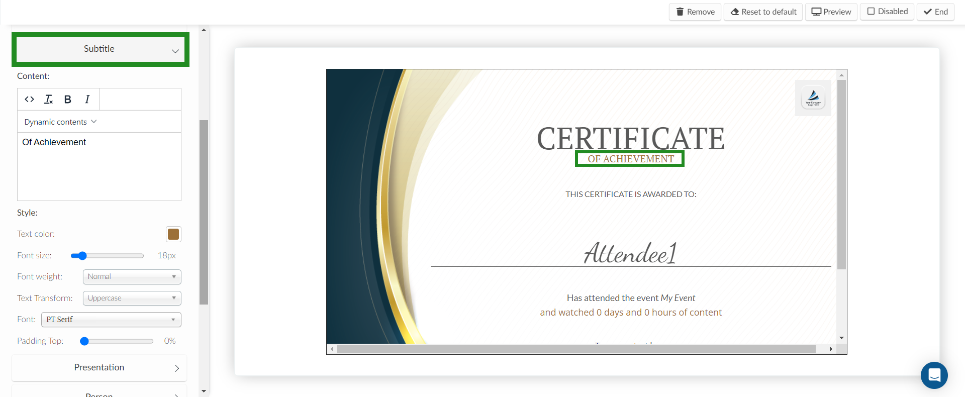 Customizing the subtitle of the certificate