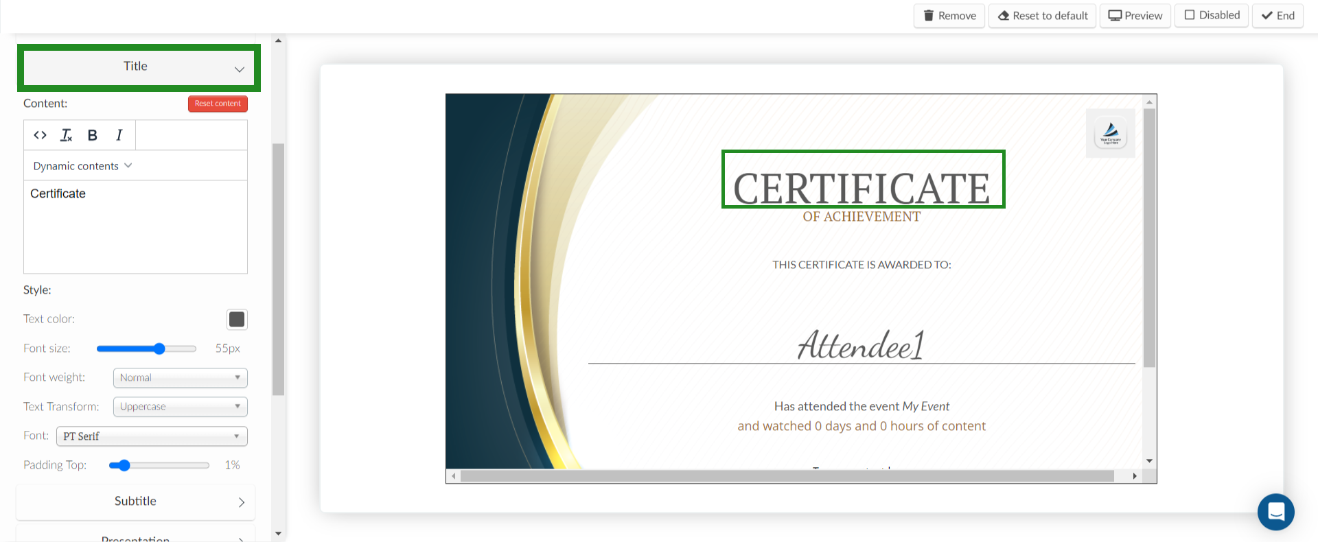 How to customize the title of the certificate