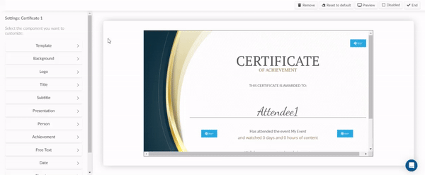 Gif showing how to remove Logo from certificate by selecting Disable from the dropdown menu. 