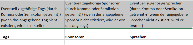 Importieren von Tags, Sponsoren und Sprecher in Aktivitäten