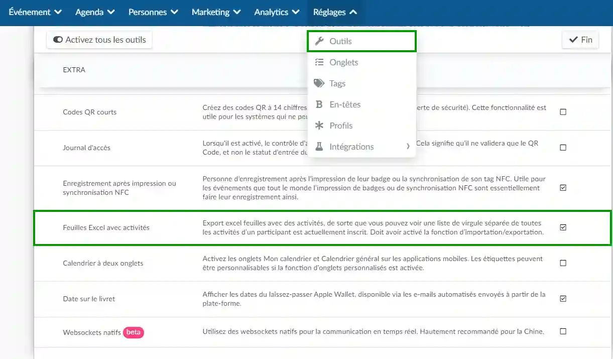 l'outil activé pour les feuilles de calcul avec les activités