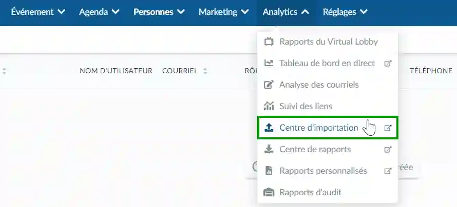 Analytics > Centre d'importation.
