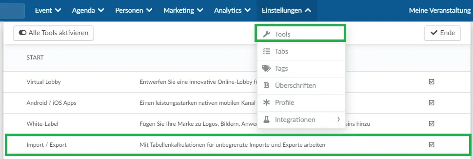 Einstellungen > Tools > Importieren/Exportieren