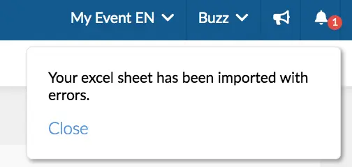 Image showing the warning notification received if you import a spreadsheet with errors